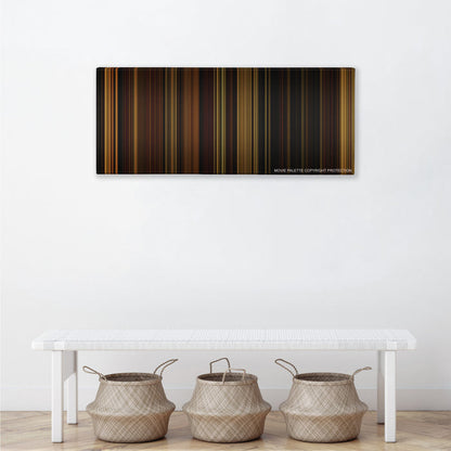 The Illusionist color palette canvas above a white bench with three woven baskets