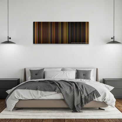 The Illusionist color palette canvas above a bed, between two black pendant lamps