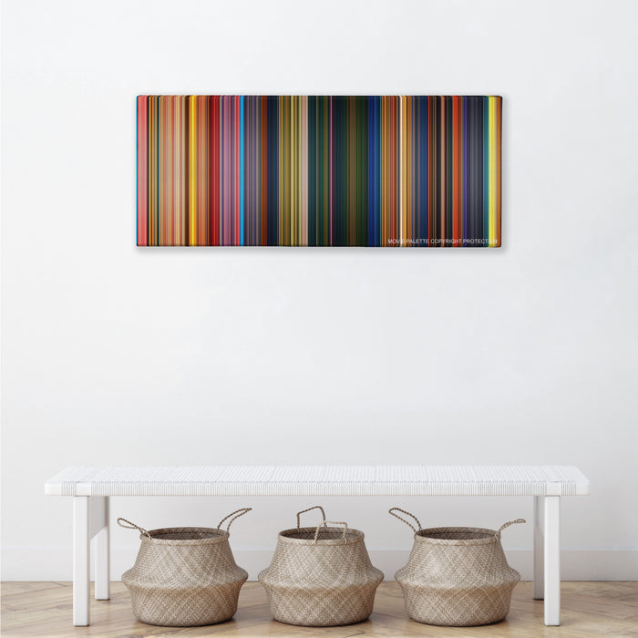 The Princess and the Frog color palette canvas above a white bench with three woven baskets