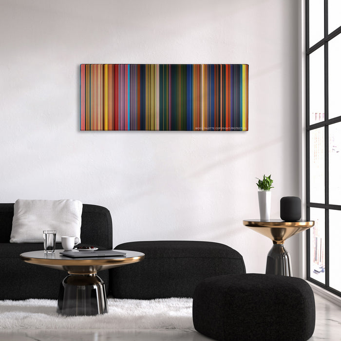 The Princess and the Frog color palette canvas above a black sofa with a gold-topped table