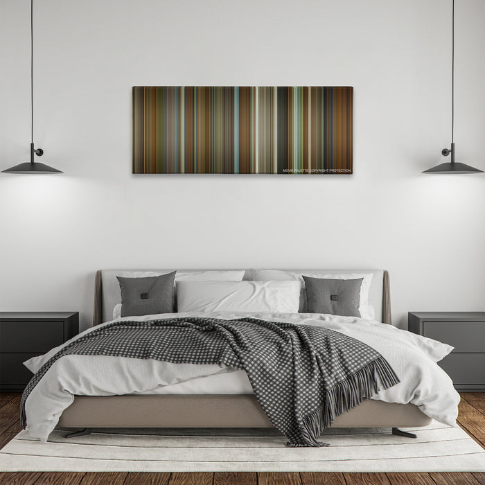The Princess Diaries color palette canvas above a bed, between two black pendant lamps