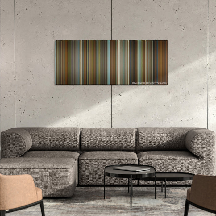 The Princess Diaries color palette canvas on a concrete wall above a gray sectional sofa