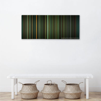 The Shape of Water color palette canvas above a white bench with three woven baskets