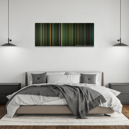 The Shape of Water color palette canvas above a bed, between two black pendant lamps