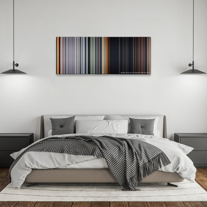 The Texas Chain Saw Massacre color palette canvas above a bed, between two black pendant lamps