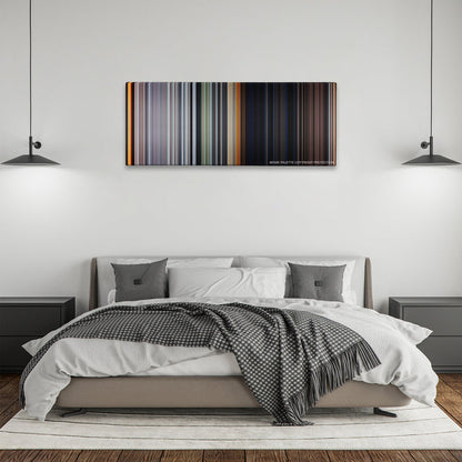 The Texas Chain Saw Massacre color palette canvas above a bed, between two black pendant lamps