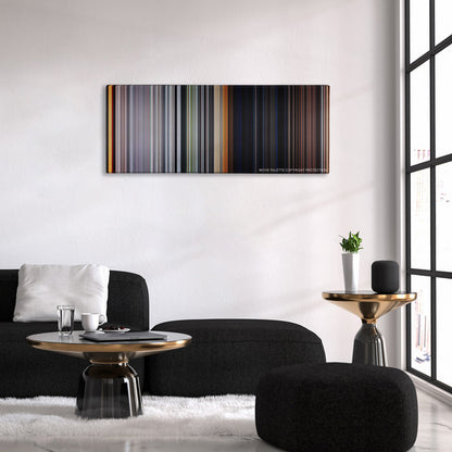 The Texas Chain Saw Massacre color palette canvas above a black sofa with a gold-topped table