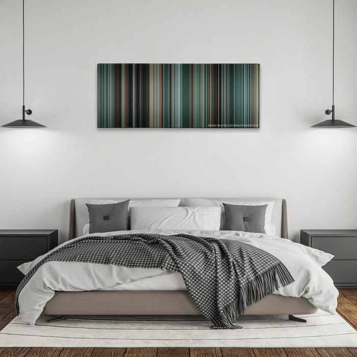 The Town color palette canvas above a bed, between two black pendant lamps
