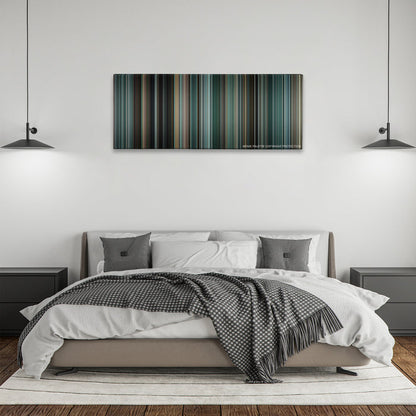 The Town color palette canvas above a bed, between two black pendant lamps