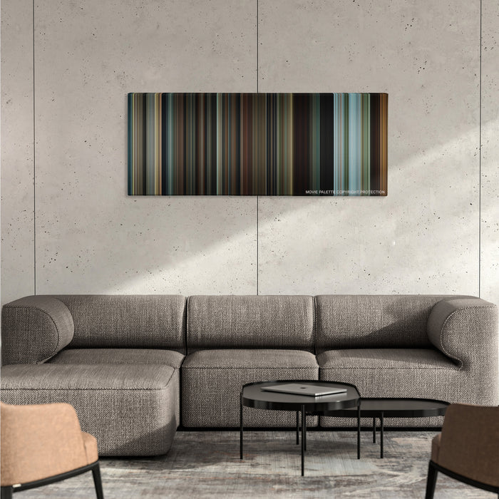 The Twilight Saga: Eclipse color palette canvas on a concrete wall above a gray sectional sofa