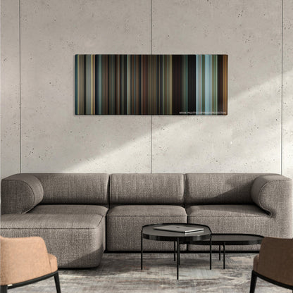 The Twilight Saga: Eclipse color palette canvas on a concrete wall above a gray sectional sofa