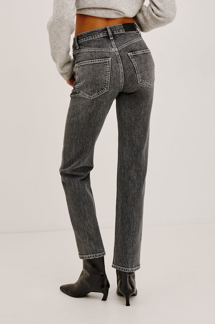 Topanga Straight Leg Jean in Charcoal-Washed Comfort-Stretch Denim With High-Rise, 5-Pockets, and Zipper Fly in Night Rider Colorway - Lower Body Back View Featured on Model