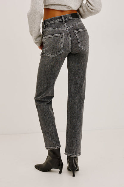 Topanga Straight Leg Jean in Charcoal-Washed Comfort-Stretch Denim With High-Rise, 5-Pockets, and Zipper Fly in Night Rider Colorway - Lower Body Back View Featured on Model