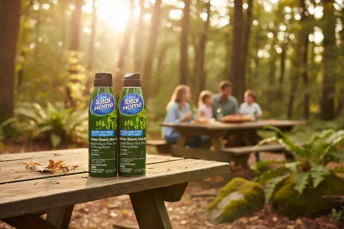 Total Home woodland scent insect repellent spray two pack on picnic table in forest