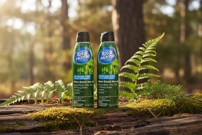 Two Total Home woodland scent insect repellent sprays on a mossy log outdoors with ferns.