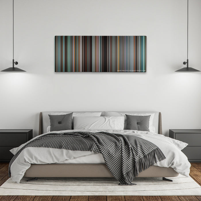 Tower Heist color palette canvas above a bed, between two black pendant lamps