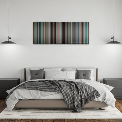 Tower Heist color palette canvas above a bed, between two black pendant lamps
