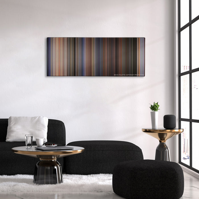 Twister color palette canvas above a black sofa with a gold-topped table
