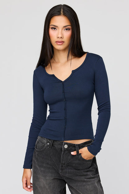 V-Notch Button-Up Long Sleeve Top