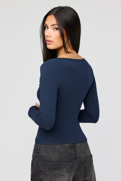 V-Notch Button-Up Long Sleeve Top