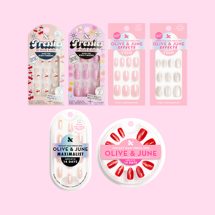 Valentine’s Day Press-on Set (Instant Mani + Super Stick + Pressies) featuring various nail designs for quick at-home manicures