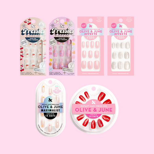Valentine’s Day Press-on Set (Instant Mani + Super Stick + Pressies) featuring various nail designs for quick at-home manicures