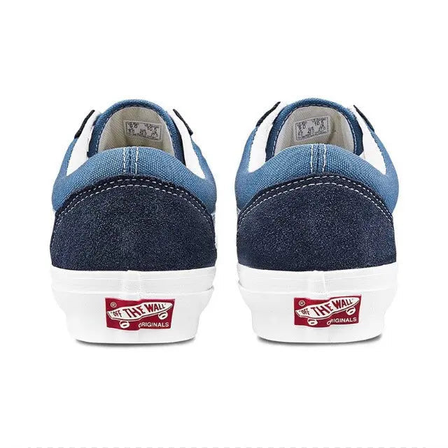 Old Skool Vault sneakers, blue heel backs with navy panels and red Vans patch