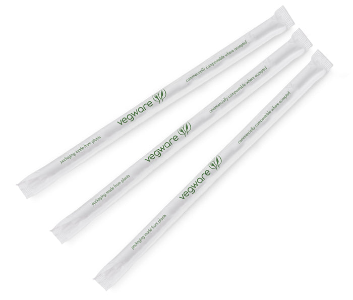 Vegware 8.25" Paper Wrapped Straw, 7mm, Translucent with Green Stripe, PLA | 3000/cs