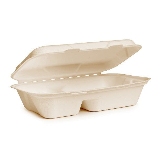 Vegware Nourish 9x6in 2-Compartment Clamshell, Natural Molded Fiber | 250/cs