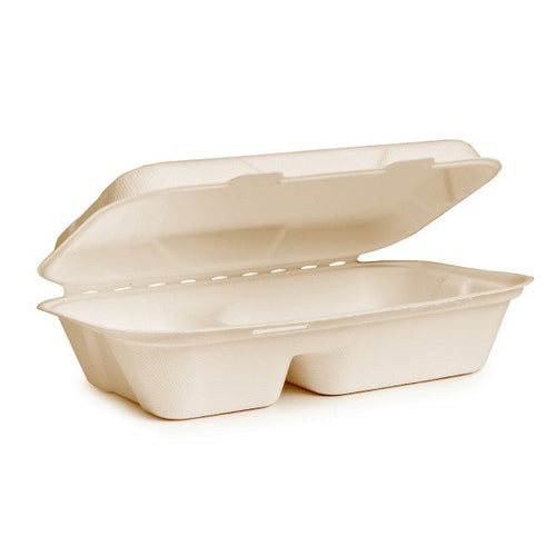 Vegware Nourish 9x6in 2-Compartment Clamshell, Natural Molded Fiber | 250/cs