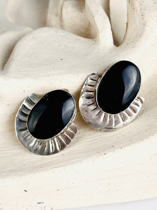 Vintage Native American Black Onyx Sterling Silver Earrings