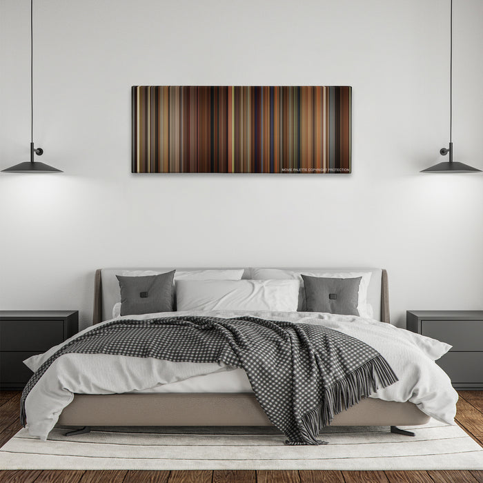 Walk the Line color palette canvas above a bed, between two black pendant lamps