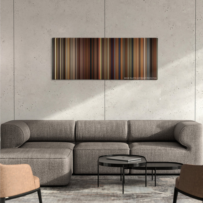 Walk the Line color palette canvas on a concrete wall above a gray sectional sofa