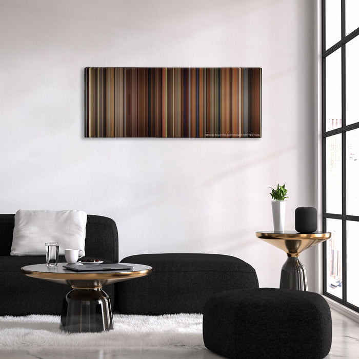 Walk the Line color palette canvas above a black sofa with a gold-topped table