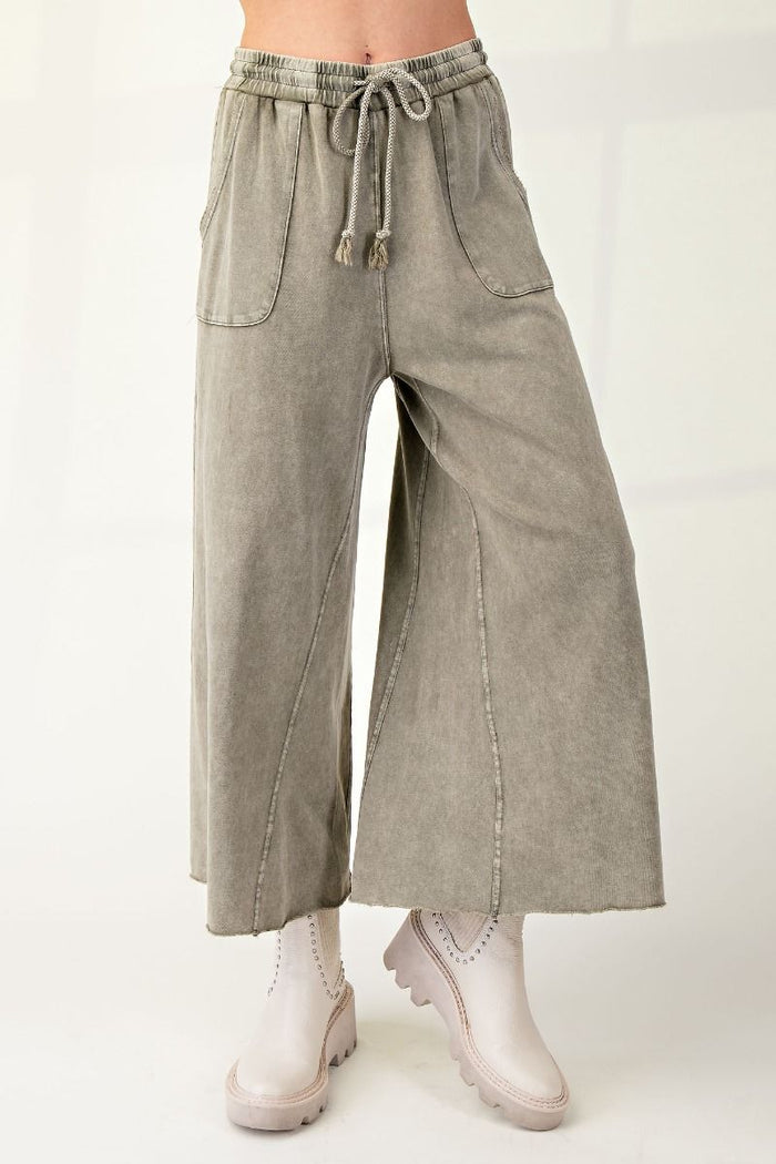 Washed Terry Knit Wide Leg Pants - Ash Olive (S-3X)