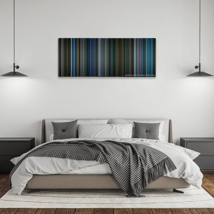 Watchmen color palette canvas above a bed, between two black pendant lamps