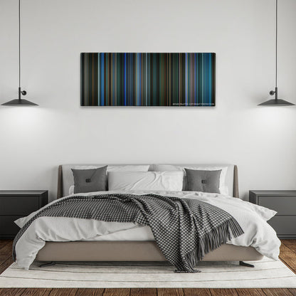 Watchmen color palette canvas above a bed, between two black pendant lamps