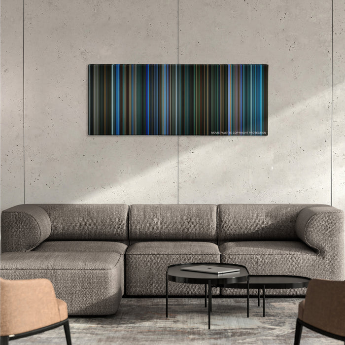Watchmen color palette canvas on a concrete wall above a gray sectional sofa