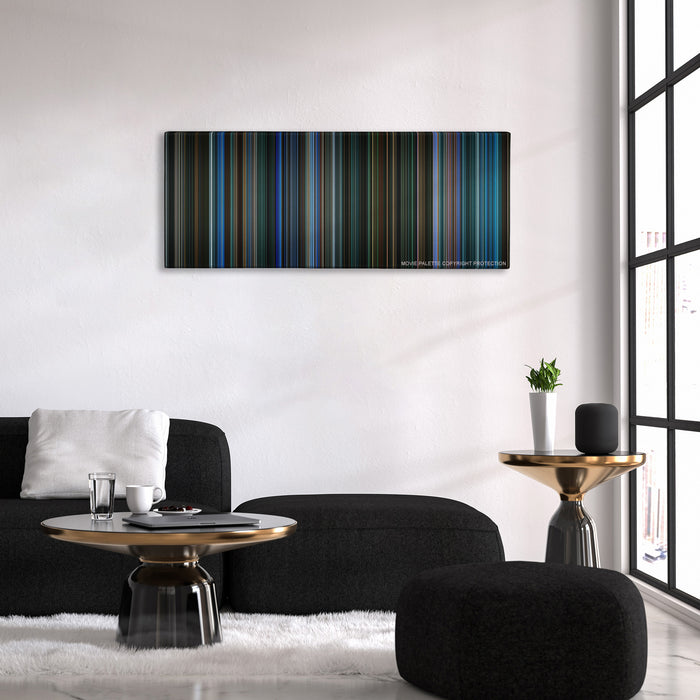 Watchmen color palette canvas above a black sofa with a gold-topped table