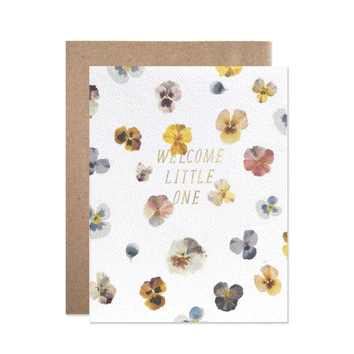 Welcome Little One greeting card with floral butterfly pattern and kraft envelope
