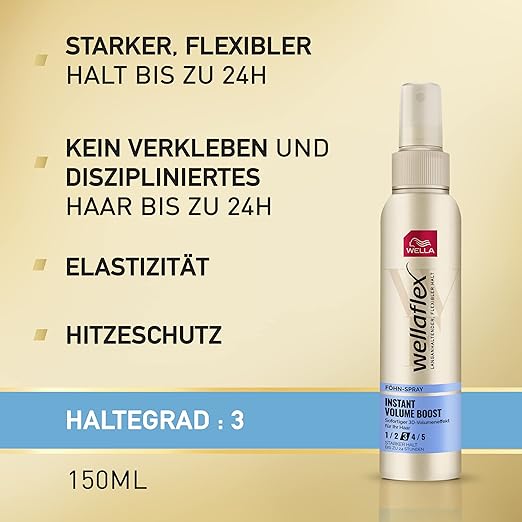 Wella flex Instant Volume Boost Strong Hold Hair Dryer Spray - Heat Protection Spray for 24 Hours Flexible Hold without Sticking - with UV Protection and Hair Taming Complex with Macadamia Oil - 150 ml