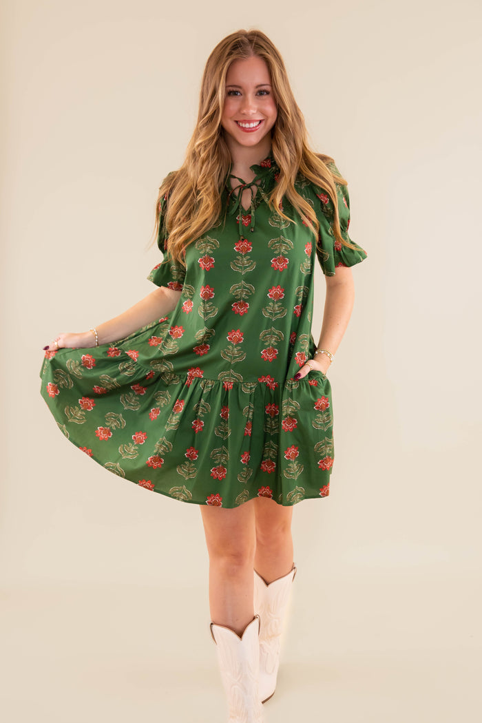 Floral Print Short Sleeve Dress- Women's Olive Floral Dress- Entro Floral Dress