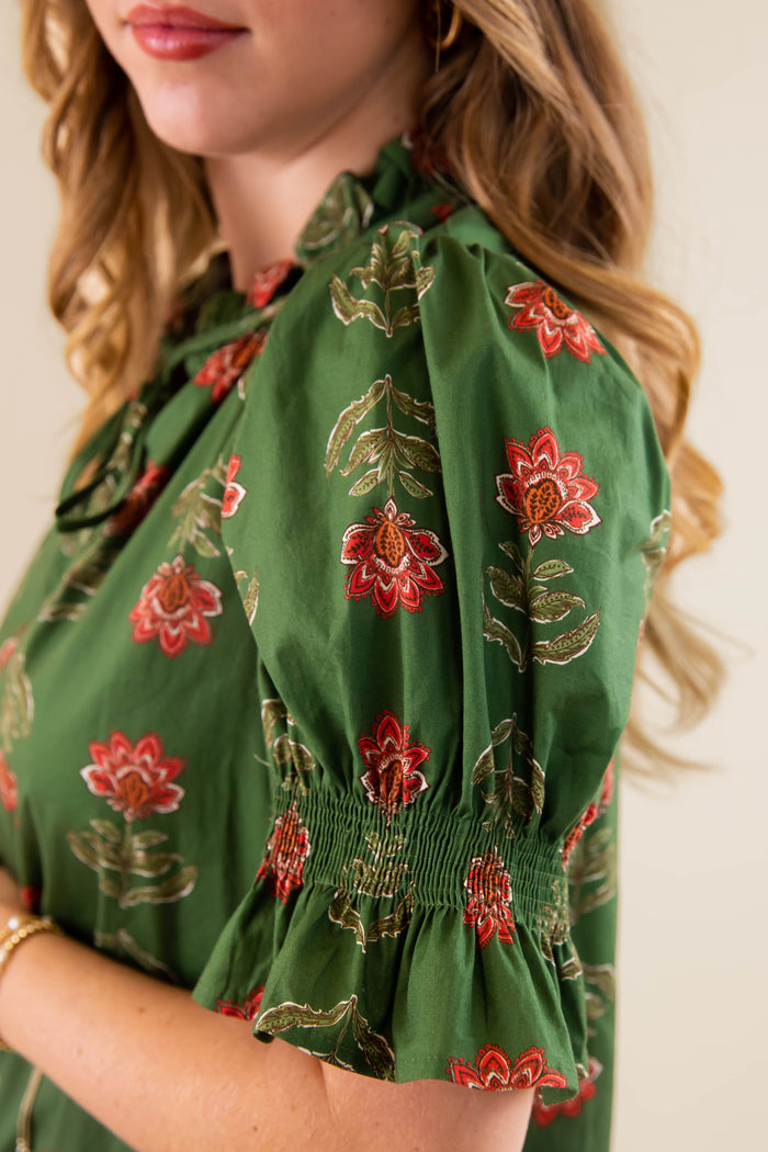 Floral Print Short Sleeve Dress- Women's Olive Floral Dress- Entro Floral Dress