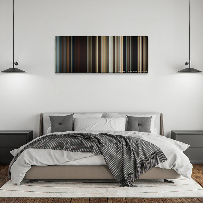 Where the Wild Things Are color palette canvas above a bed, between two black pendant lamps