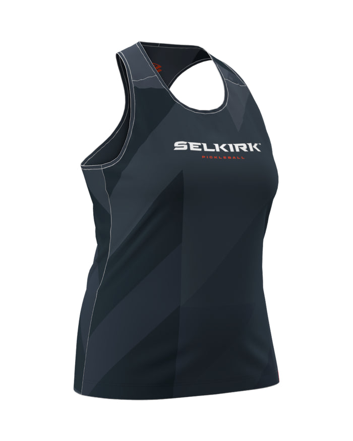 Women's dark navy pickleball tank top with 'SELKIRK' logo and small 'PICKLEBALL' text