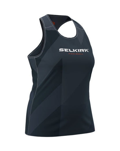 Women's dark navy pickleball tank top with 'SELKIRK' logo and small 'PICKLEBALL' text