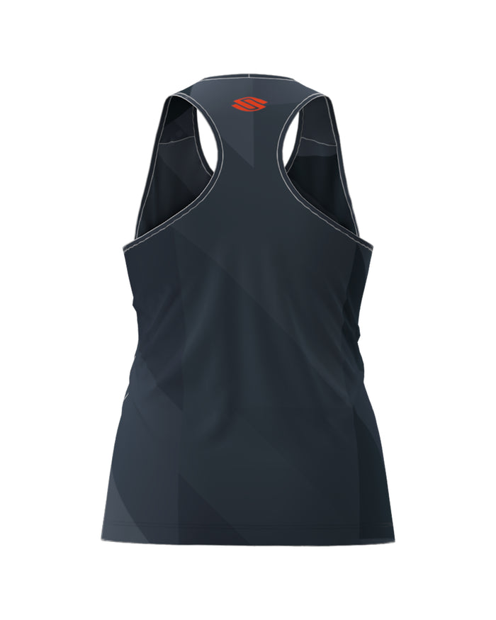 Women's dark navy racerback tank top, back view with small red geometric logo at upper center.