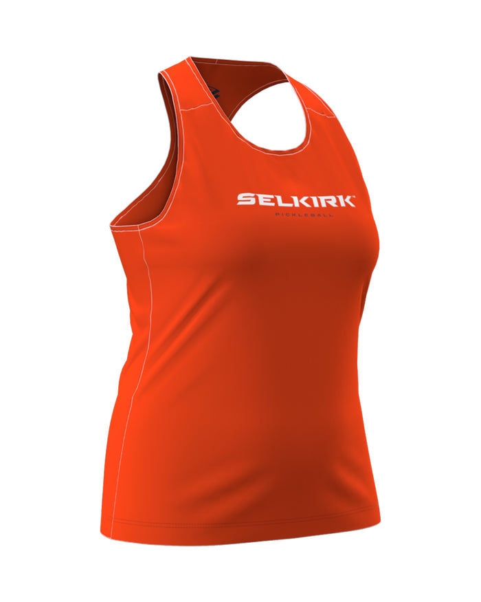 Orange women's athletic tank top with white SELKIRK logo and PICKLEBALL text on chest