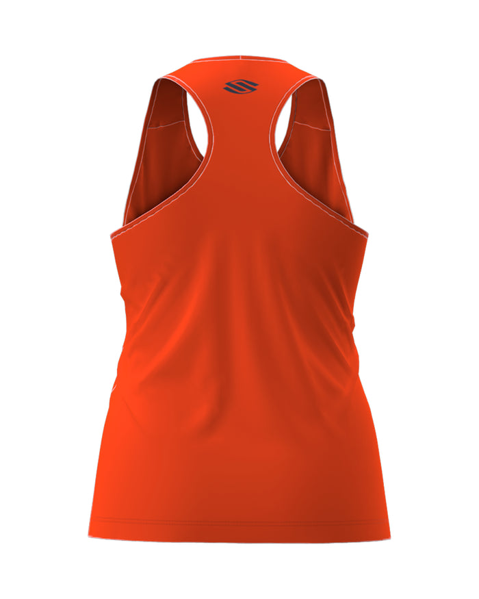 Women's orange racerback tank top, back view with small black logo at upper center