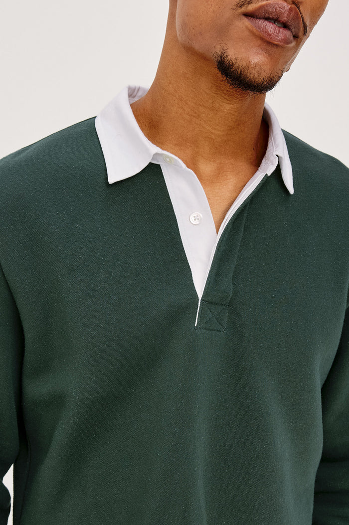 Wright Shirt in Midweight Fleece, Brushed Backing, Relaxed Fit, Vintage-Inspired Contrast Rugby Collar, Two-Button Placket, and Straight Hem With Side Slits in Duck Green Colorway - Upper Body Back View Featured on Model